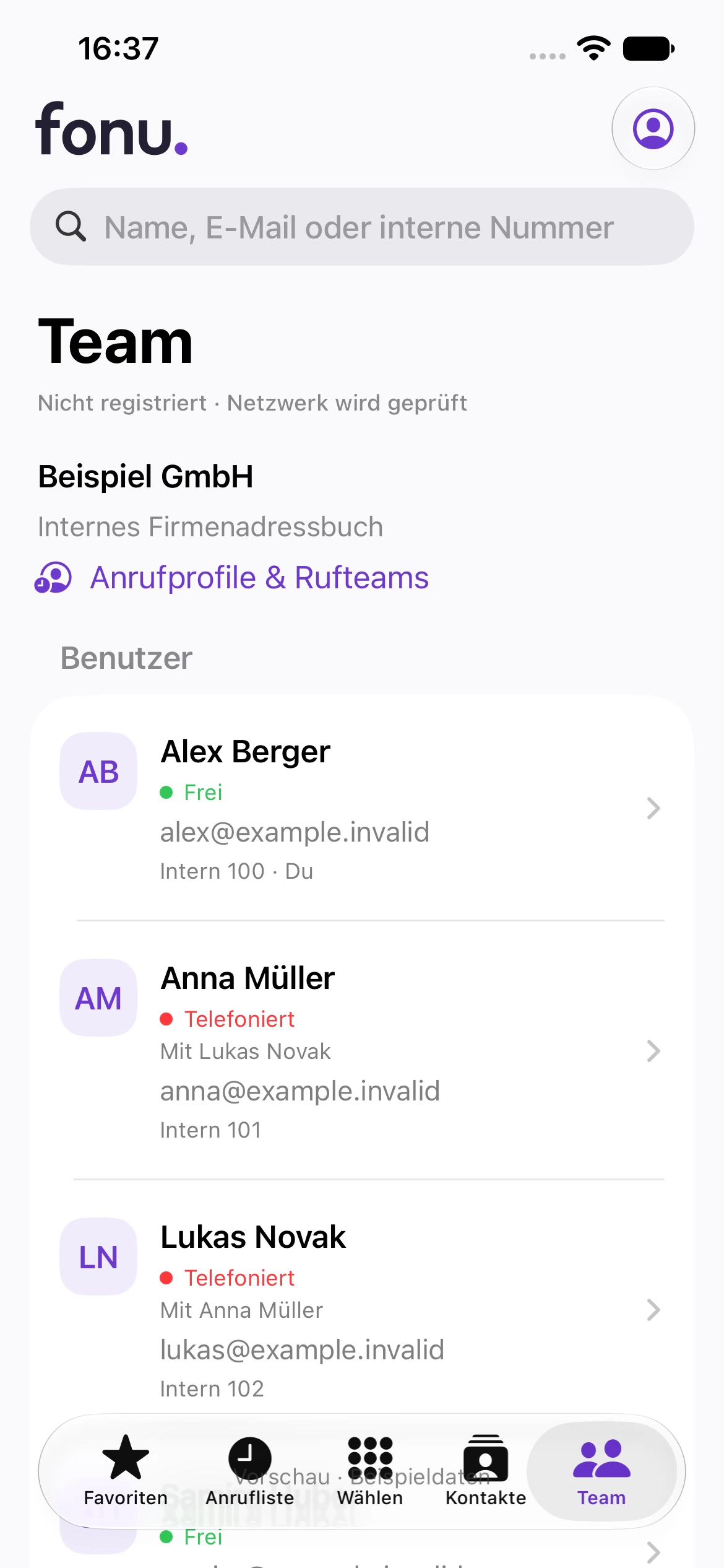 Die fonu-iPhone-App mit Team und Firmenadressbuch · Vorschau mit Beispieldaten